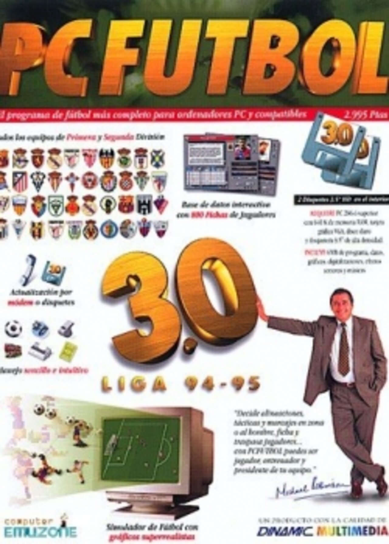 Caja de PC Fútbol 3.0 con Michael Robinson en portada